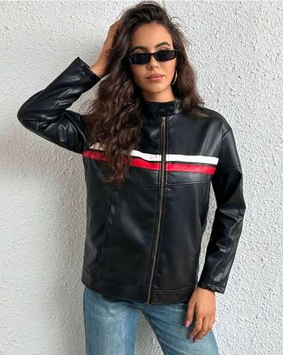 Biker Striped Trim Leather Jacket